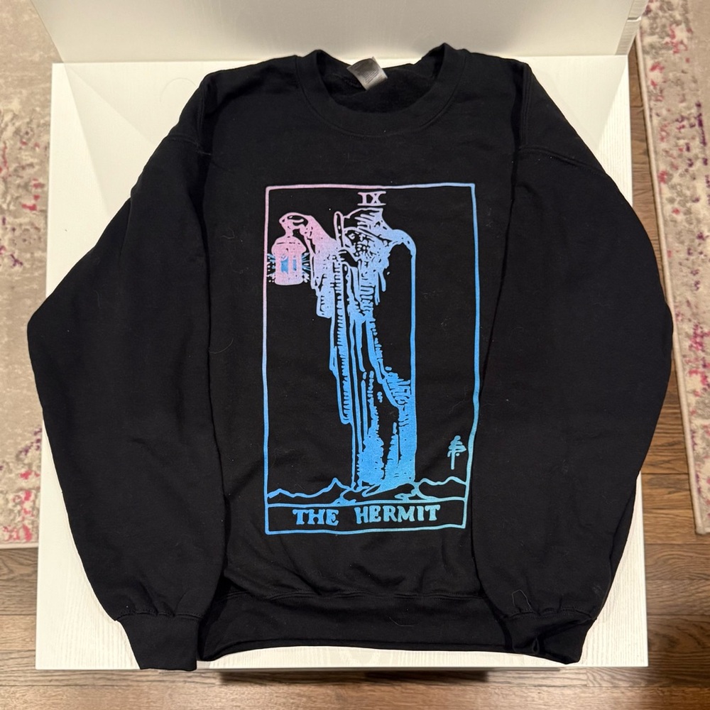Gildan Black Crewneck Sweater with Pastel The Hermit Tarot Card Print